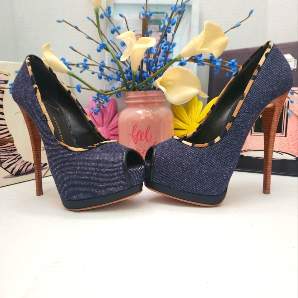 Giuseppe Zanotti Shoes Sz 36.5 Blue Denim Peep Toe Platform Stiletto High Heels